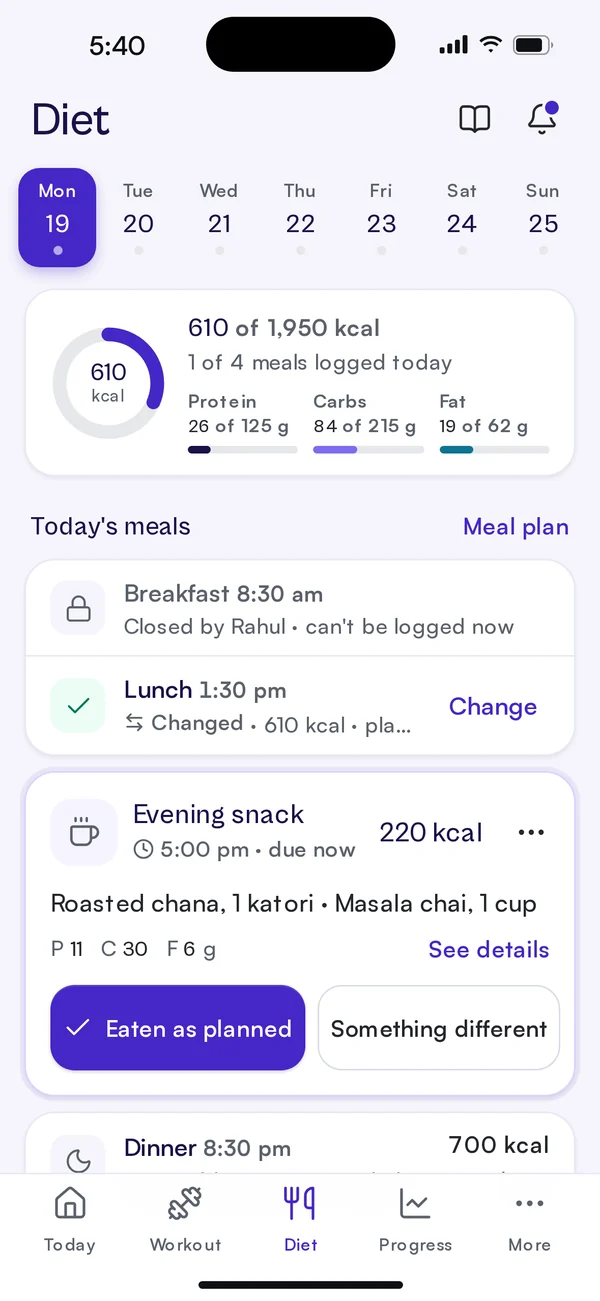 FitBud client app, Diet: an evening snack card with Eaten as planned and Something different buttons.