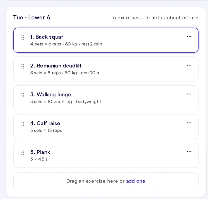 Tue · Lower A in the workout plan builder: five exercises, 16 sets, about 50 min.